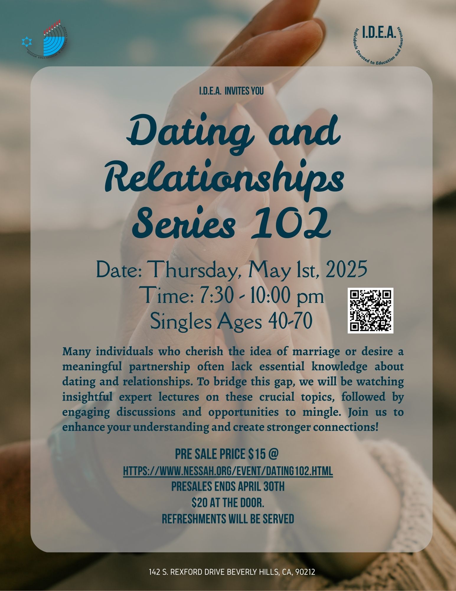 		                                		                                    <a href="https://www.nessah.org/event/dating102.html"
		                                    	target="">
		                                		                                <span class="slider_title">
		                                    Dating and Relationships Series 102		                                </span>
		                                		                                </a>
		                                		                                
		                                		                            		                            		                            <a href="https://www.nessah.org/event/dating102.html" class="slider_link"
		                            	target="">
		                            	Singles ages 40-70  RSVP Required		                            </a>
		                            		                            